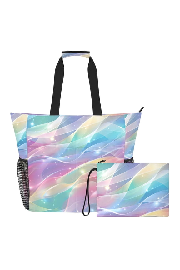 Rainbow Colored Stream Lines Beach Bag Travel Tote Bag Reusable Shopping Bag Gym Bag with Wet Pocket Waterproof