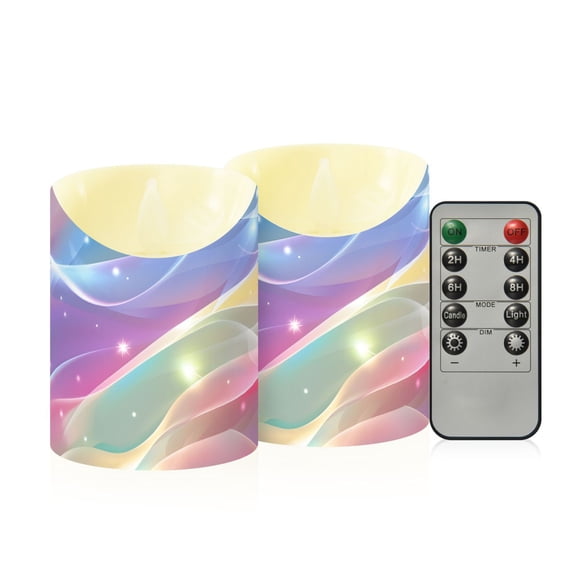Rainbow Colored Stream Lines Flickering Flameless Candles with Remote Timer Battery Operated LED Tealight Set of 2 M
