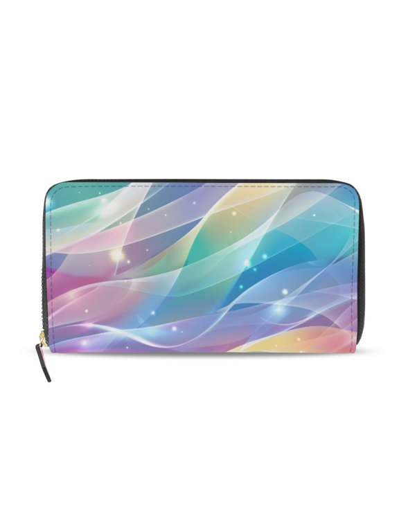 Rainbow Colored Stream Lines Women's Long Zipper Wallet Bifold Clutch Purse PU Leather Card Cases