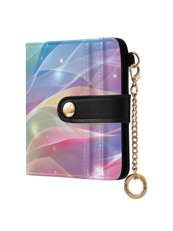 Rainbow Colored Stream Lines Women's Wallet PU Leather Card Cases RFID Blocking Purse Billfold with Key Ring