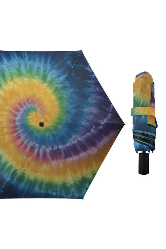 Rainbow Colored Tie Dye All Weather Umbrella Triple Folding Parasol 6 Ribs UV Protection Portable