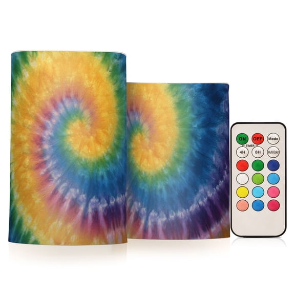 Rainbow Colored Tie Dye Flickering Flameless Candles LED Tealight Battery Operated with Remote Set of 2 Holiday Decor Ornaments