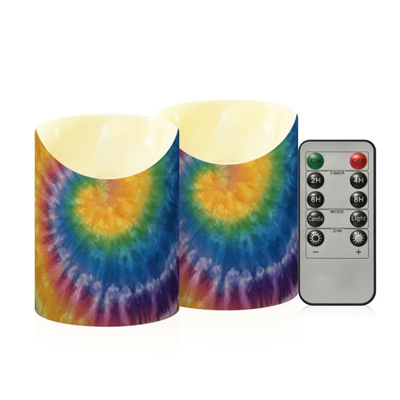 Rainbow Colored Tie Dye Flickering Flameless Candles with Remote Timer Battery Operated LED Tealight Set of 2 S