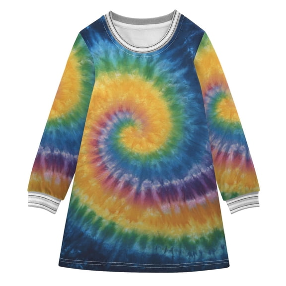 Rainbow Colored Tie Dye Long-sleeved Dress A-line One-Piece Dress for 2-8 Years Casual Party 5-6Y