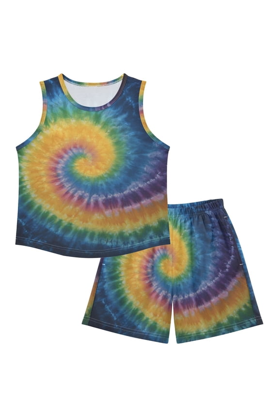 Rainbow Colored Tie Dye Pajamas Set Sleeveless Sleepwear Tank Tops with Shorts Loose Fit Lounge Wear Unisex 4Y