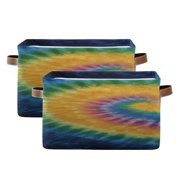 Rainbow Colored Tie Dye Square Storage Bins with Handles Collapsible Containing Box 2 Packs