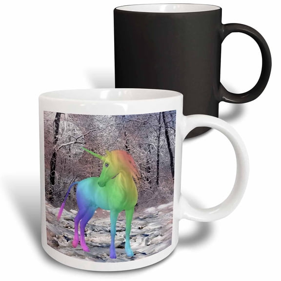 3drose, Rainbow Colored Unicorn in a Snowy Forest, 11oz Magic Transforming Mug