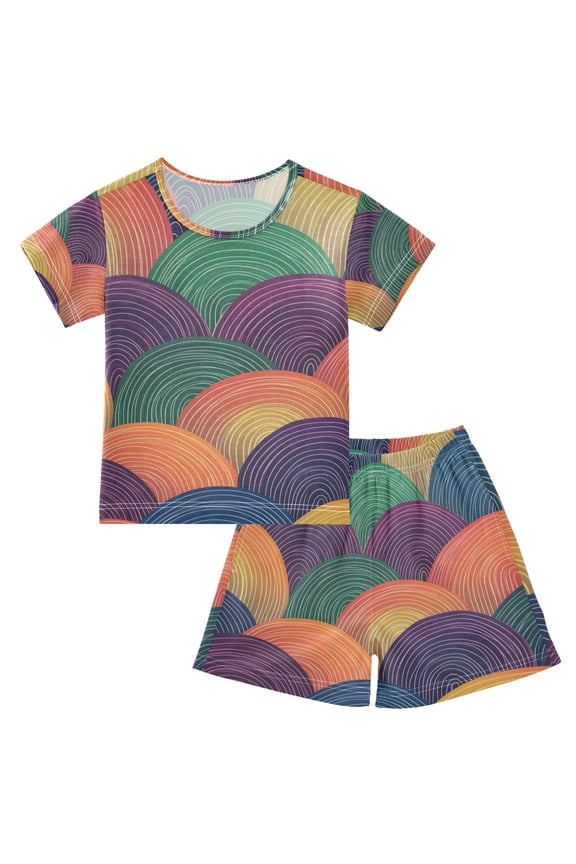 Rainbow Colored Waves Pajamas Set Short Sleeves Sleepwear Top with Shorts Loose Fit Lounge Wear Unisex 5Y