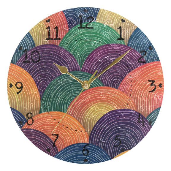 Rainbow Colored Waves Round Wall Clock Silent Analog Battery Operated Gold Pointer Home Decor 9.84" Diameter