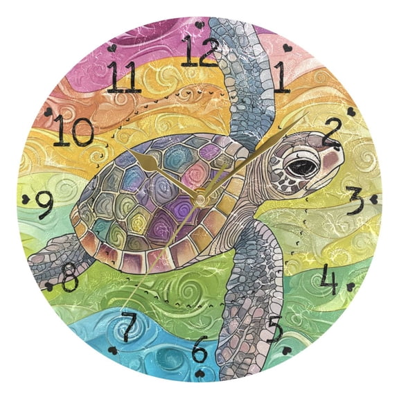 Rainbow Colored Waves Sea Turtle Round Wall Clock Silent Analog Battery Operated Gold Pointer Home Decor 9.84" Diameter