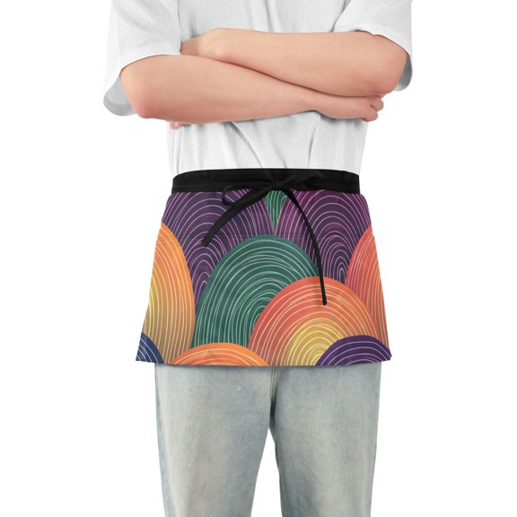 Rainbow Colored Waves Short Server Apron with 3 Pockets for Unisex Chef Gardening