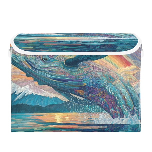 Rainbow Colored Whales Sky Sea Foldable Storage Bin with Lid and Handle Collapsible Storage Box 16.5 x 12.6 x 11.8 inches