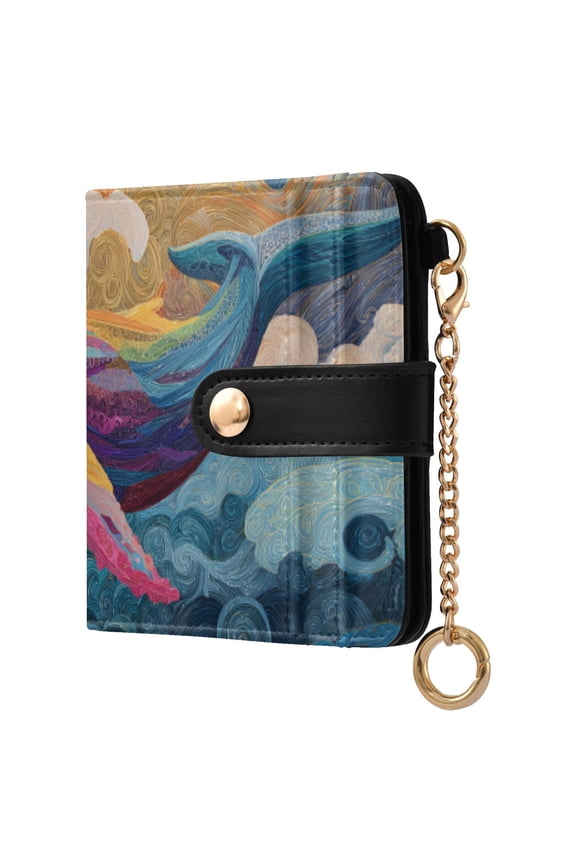Rainbow Colored Whales and Clouds Women's Wallet PU Leather Card Cases RFID Blocking Purse Billfold with Key Ring