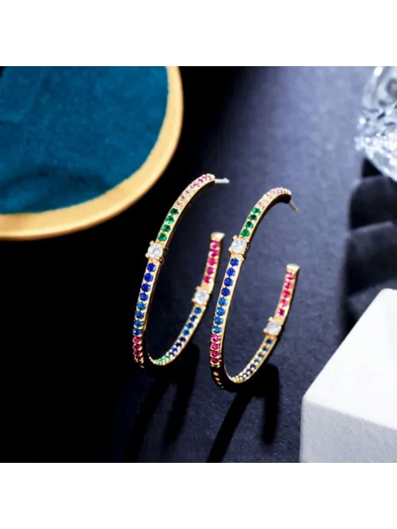 Rainbow Colorful Big Loop Round Hoop Earrings Silver Plated for Fiancee Costume