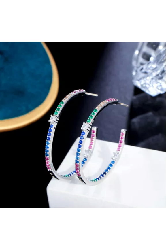 Rainbow Colorful Big Loop Round Hoop Earrings Silver Plated for Fiancee Costume