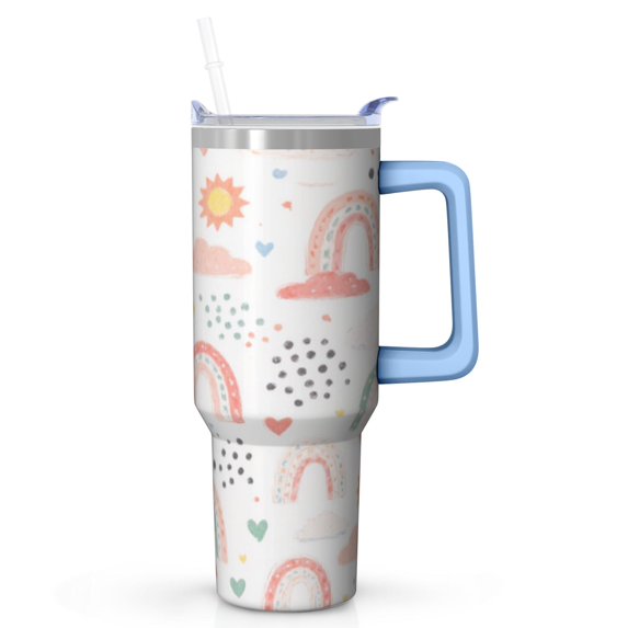 Rainbow Colorful Cartoon Tumbler with Handle Lid Straw Stainless Steel Insulated Travel Mug Coffee Cup Cute Gift for Women Girls