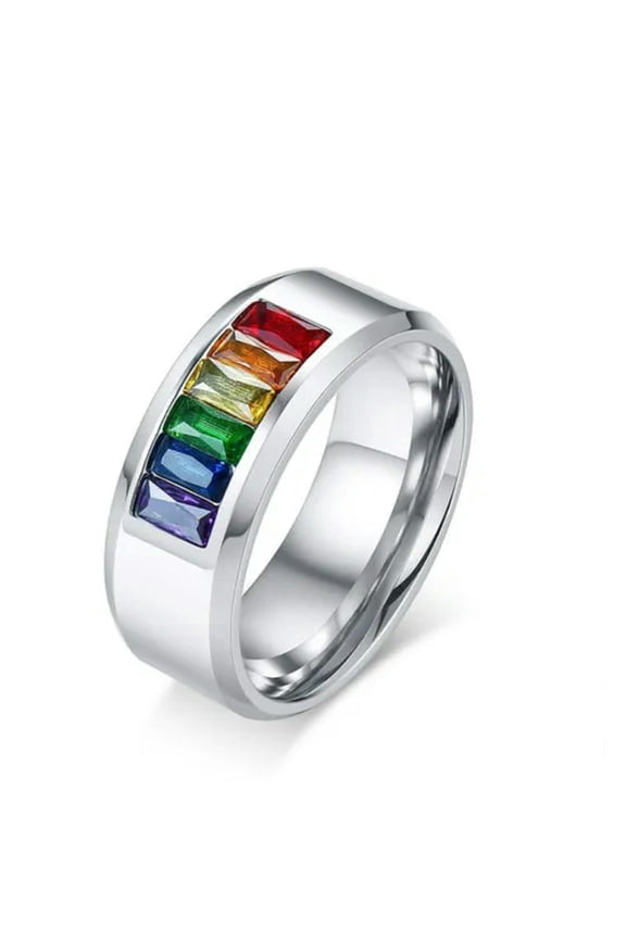 Rainbow Colorful Crystal Titanium Steel Ring Men Women Engagement Band Size 5-12