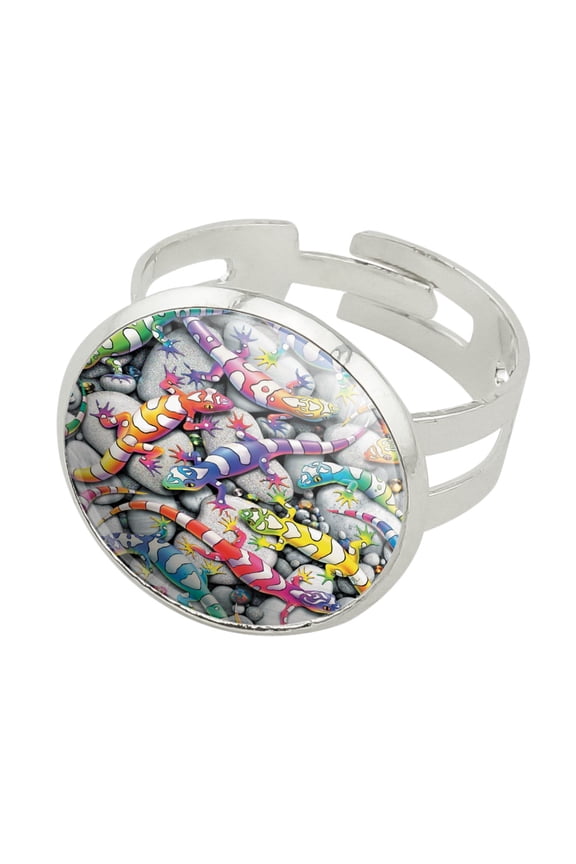 Rainbow Colorful Geckos Lizards Silver Plated Adjustable Novelty Ring