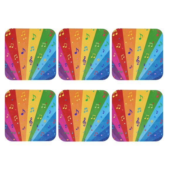 Rainbow Colorful Music Notes Set of 6 Faux Leather 4 Inch Coasters Drinks Tabletop Home Dinning Square