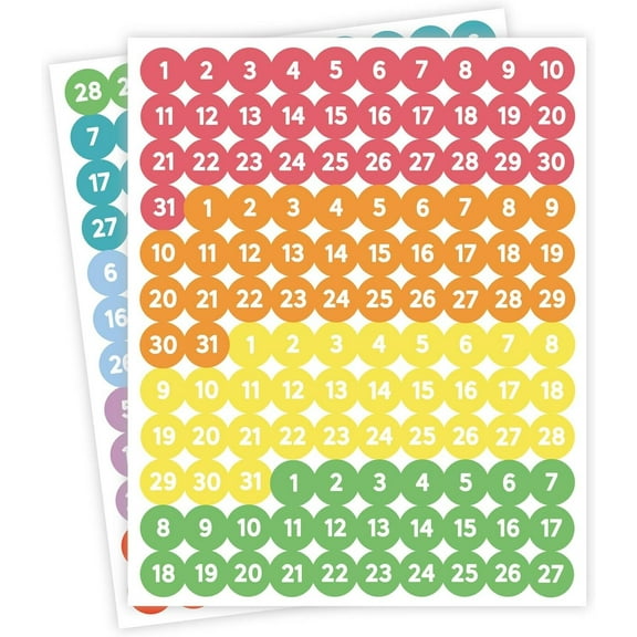 Rainbow Colorful Number Stickers 1 to 31 Round Planner Calendar Date Dots 0.75 inch 480