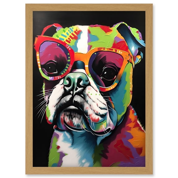 Rainbow Colour English Bulldog Puppy in Sunglasses Artwork Framed Wall Art Print A4