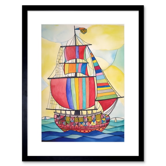 Rainbow Colour Sailing Ship Folk Art Artwork Framed Print Wall Art 9X7 Inch