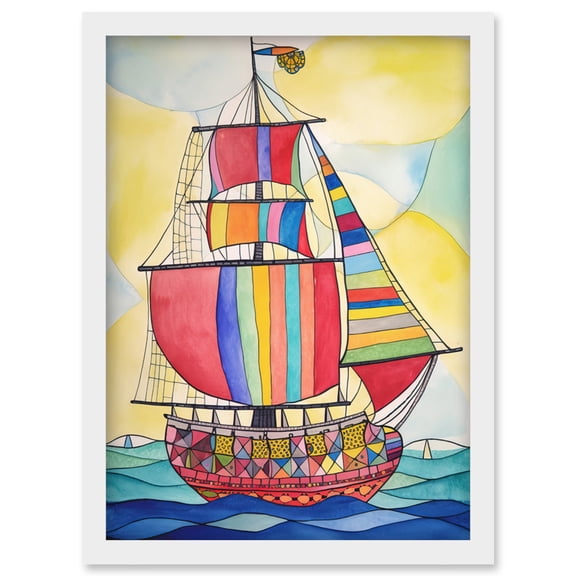 Rainbow Colour Sailing Ship Folk Art Artwork Framed Wall Art Print A4