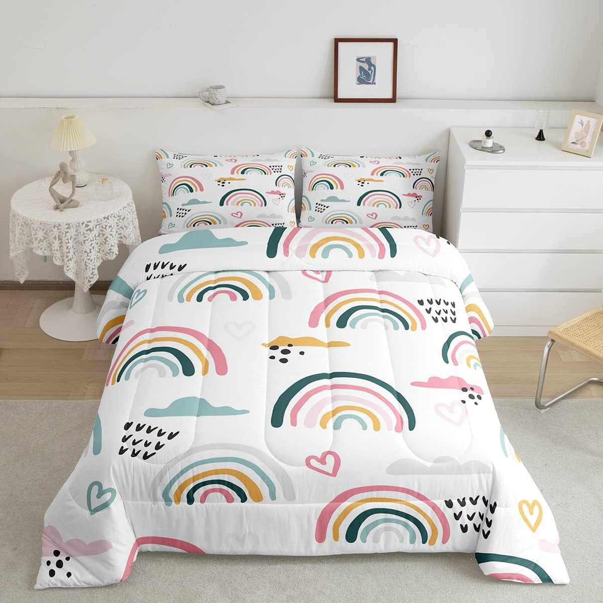 Rainbow Comforter Set Cartoon Rainbow Bedding Set Queen Size for Kids