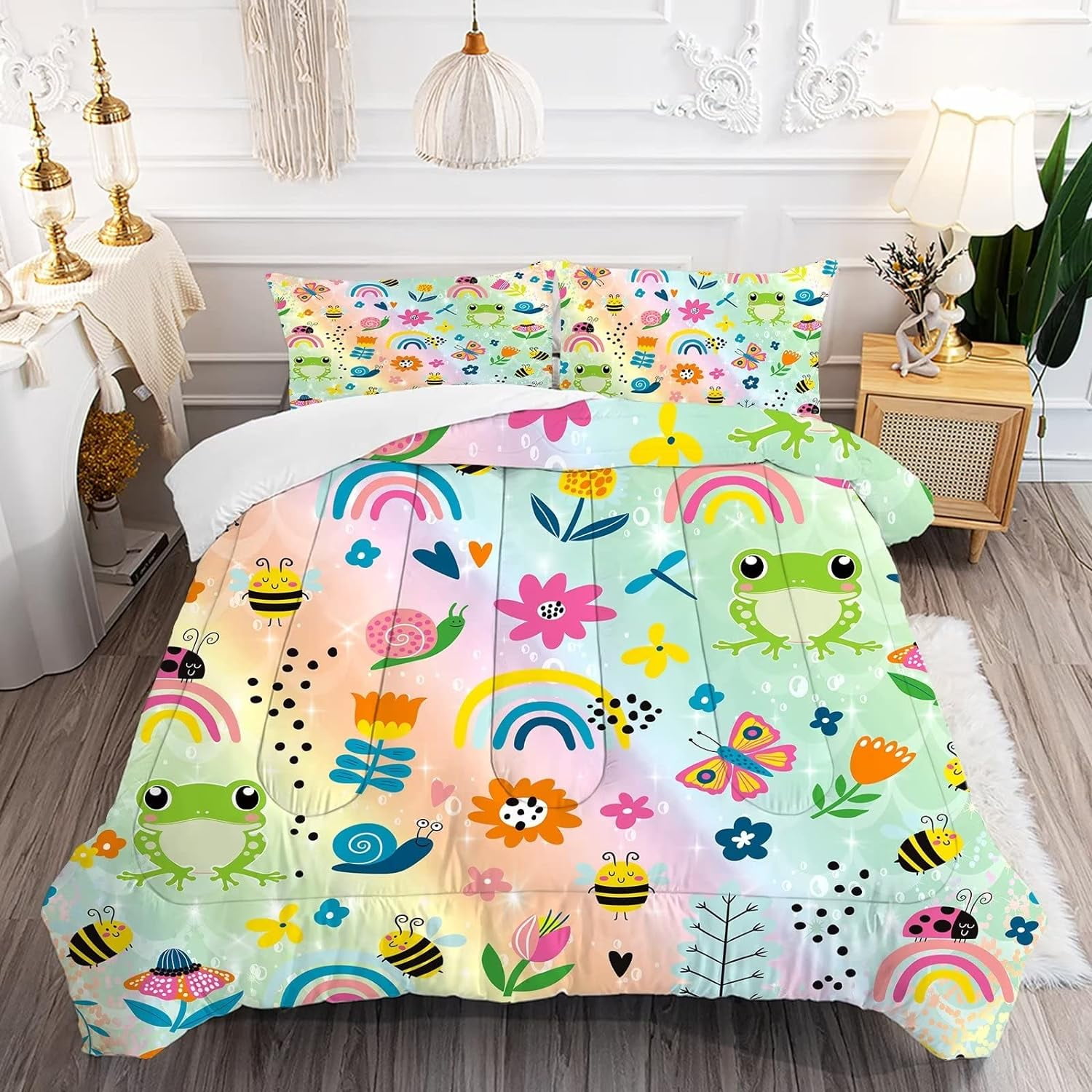 Rainbow Comforter Sets Twin Size Cartoon Floral Frogs Bedding Set for