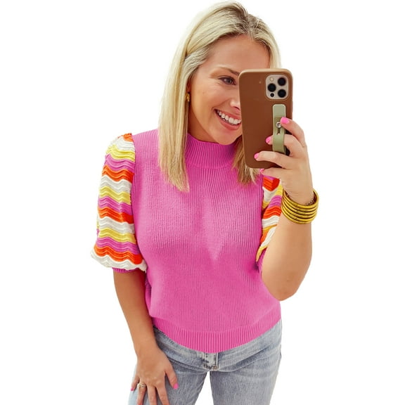 Rainbow Contrast Sleeve Sweater - Elegant Mock Neck Pullover for Women - [ZhiHiMeRi] | (US 8-10)M