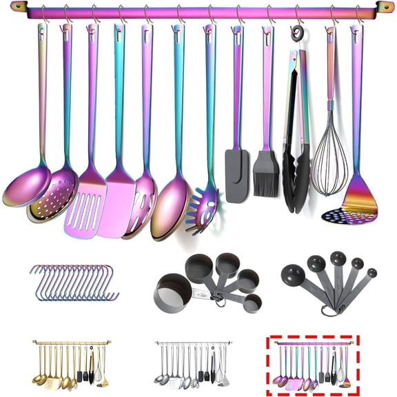 Rainbow Cooking Utensils Set, Stainless Steel 37 count Kitchen Utensils Set with Titanium Colorful , Kitchen Tool Gadgets Set with Utensil Rack Heat Resistant Dishwasher Safe