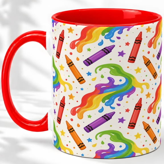 Rainbow Crayon Accent Mug, 11oz Ceramic Coffee Cup for Artists