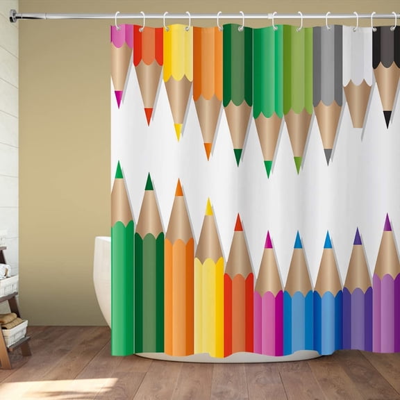 Rainbow Crayon Shower Curtain Colorful Pencils Cartoon Kids for Bathroom Decor Polyester Fabric Waterproof Sets with 12 Hooks 72x72 Inch
