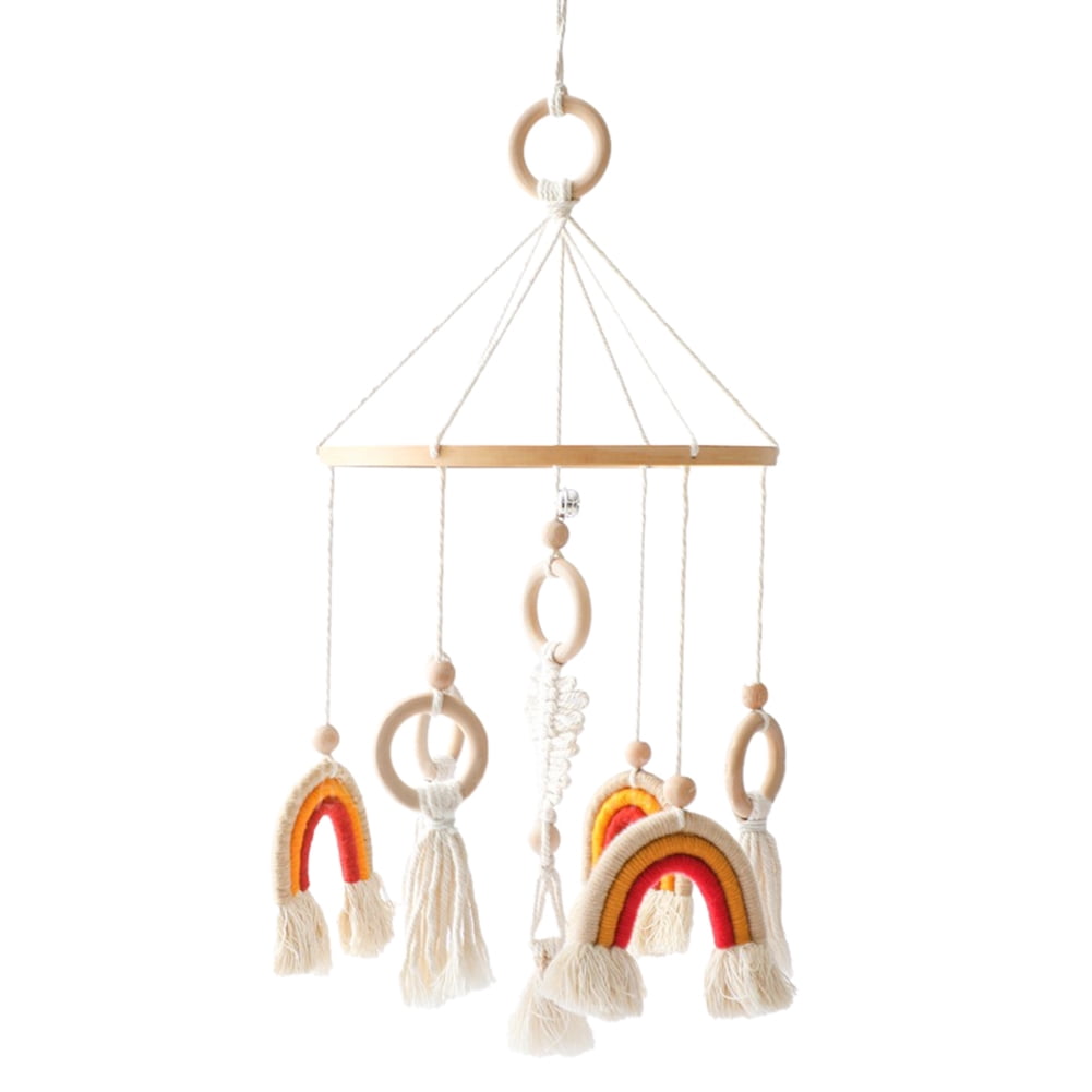 Rainbow Crib Bell – Baby Bed Hanging Wind Chime with Tassels & Wooden Rings, Rotating Swaying Bell for Newborn, Infant Sensory & Nursery Room Decoration