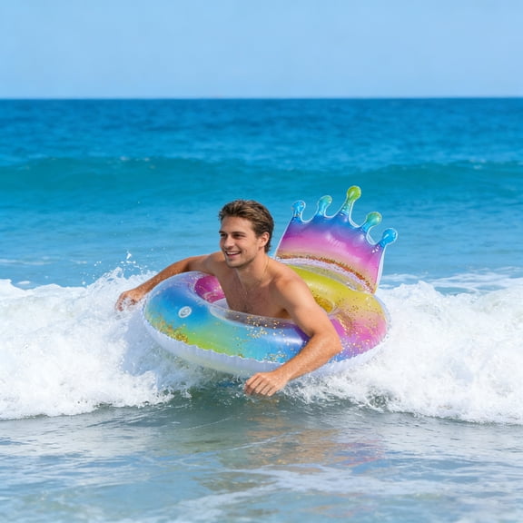 Rainbow Crown Inflatable Pool Float with Gold Glitter, Sparkly Transparent Swim Ring for Kids & Teens, Colorful Water Tube for Summer Pool Party & Beach Fun
