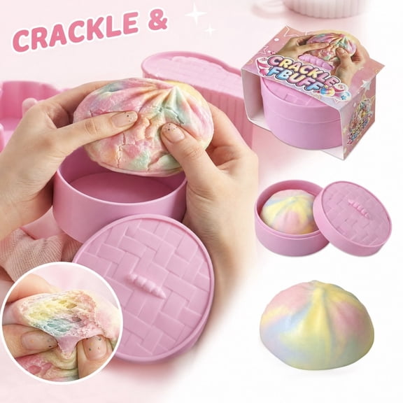 Rainbow Crunchy Squishy Dumpling Squeeze Toy with Steamer Container, 2.2 Inch, Multicolor, for Relaxation, Toy