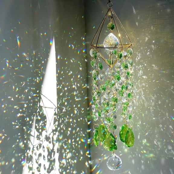 Rainbow Crystal Window Suncatcher - 21.5 Inch Glass Wind Chime Style Sun Catcher with Prisms for Indoor/Outdoor Home Decor, Garden & Window Hanging (Green)