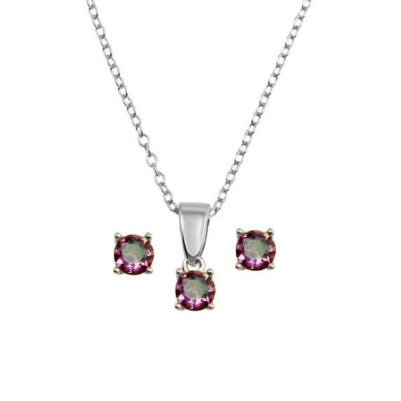 Rainbow Cubic Zirconia Round Earrings Necklace Set Sterling Silver