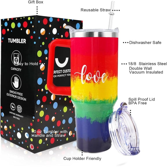 Rainbow Cups Gay Pride 40 oz Tumbler with Handle and Straw Lid Leak Proof - Pride Month LGBTQ Gifts for Women Men - Insulated Stainless Steel Cup Dishwasher Safe