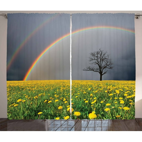 Ambesonne Rainbow Curtains 2 Panel Set, Dandelion Field and Tree, 108" x 84", Multicolor