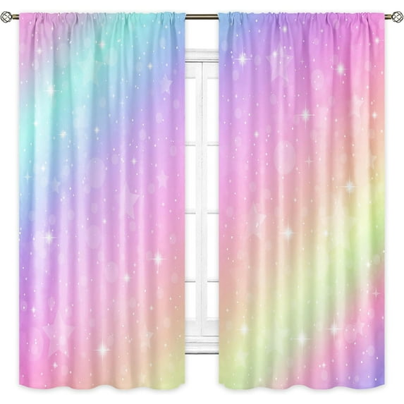 Rainbow Curtains 42Wx63H Inch Rod Pocket Kids Pastel Cute Colorful Cartoon Sky Shiny Stars Art Printed Girls Princess Women Living Room Bedroom Window Drapes Treatment Fabric 2 Panels