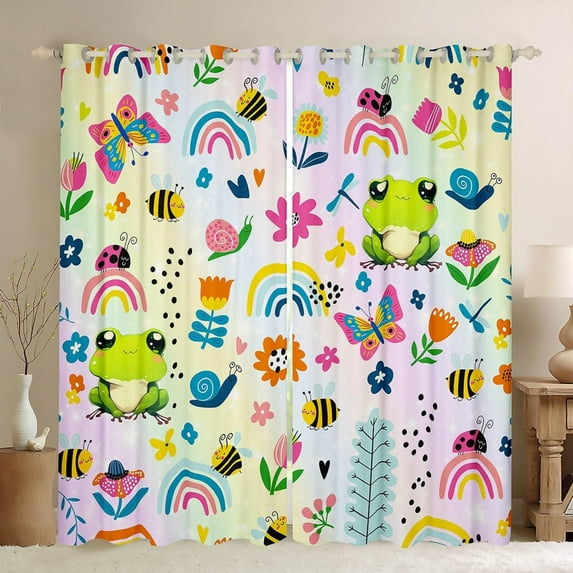 Rainbow Curtains For Bedroom Living Room Cartoon Frog Darkening Window Drapes For Boys Girls Teens Floral Bee Butterfly Blackout Curtain Cute Animal 38"W x 54"L (Pack of 2)