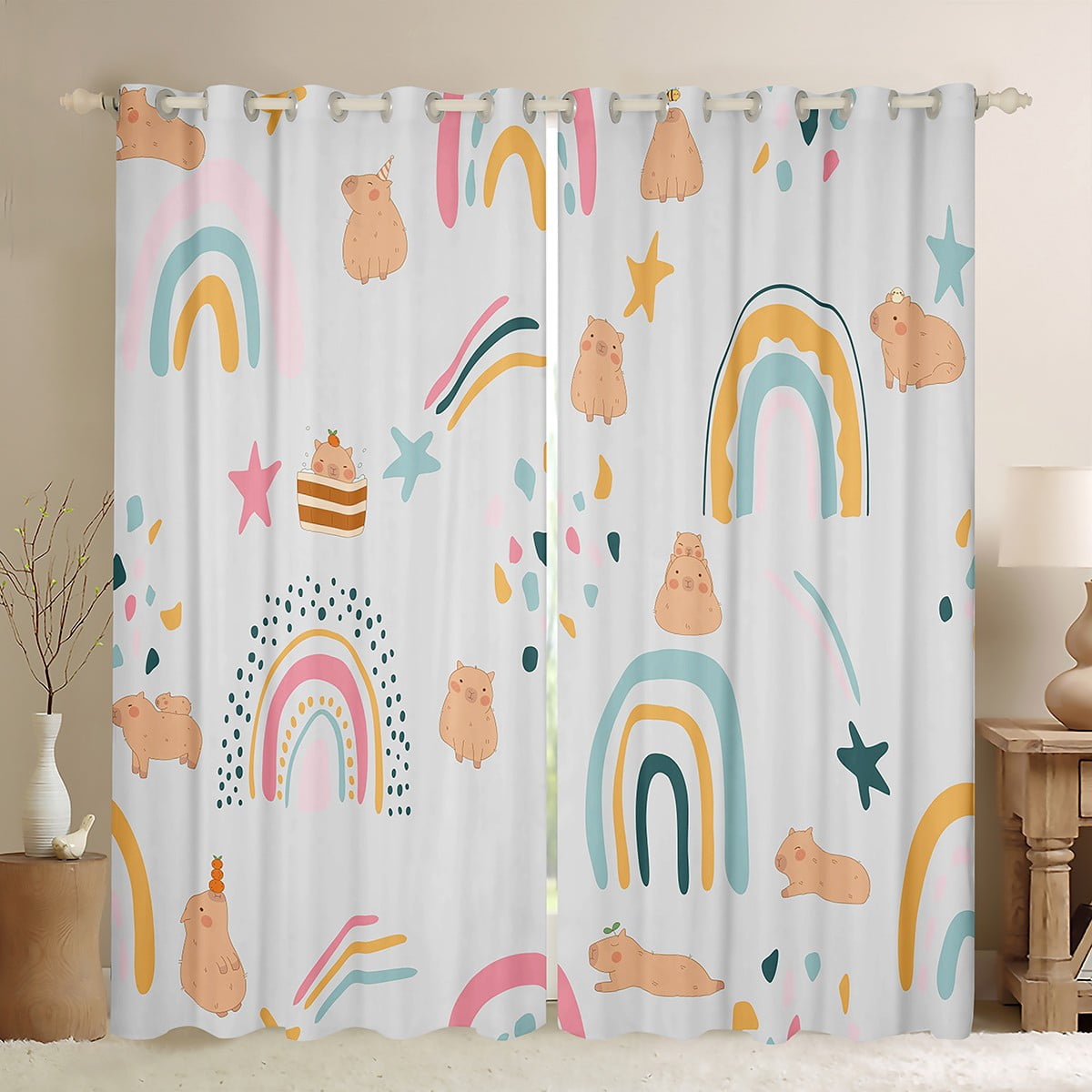 Rainbow Curtains & Drapes For Girls, Cartoon Capybara Decor Curtains 52 ...