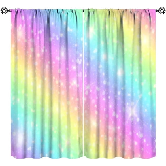Rainbow Curtains, Tie Dye Pastel Colorful Sky Stars Cartoon Window Drapes for Sweet Princess Glitter Girly Bedroom Living Room, 42" W X 54" L