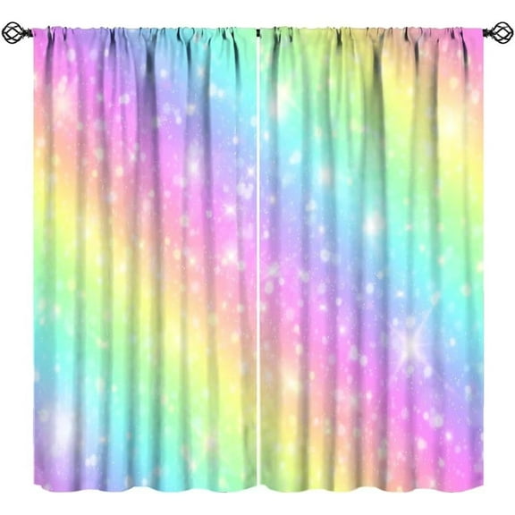 Rainbow Curtains, Tie Dye Pastel Colorful Sky Stars Cartoon Window Drapes for Sweet Princess Glitter Girly Bedroom Living Room, 55" W X 63" L