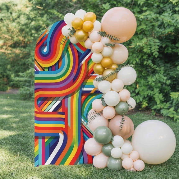 Rainbow Curves Arch Backdrop Cover 4 FT, Abstract Yellow Blue Red Retro Ribbons Stripes Wedding Arch Cover Stretchy Backdrop Stands Covers for Birthday Party Ceremony Banquet Decor