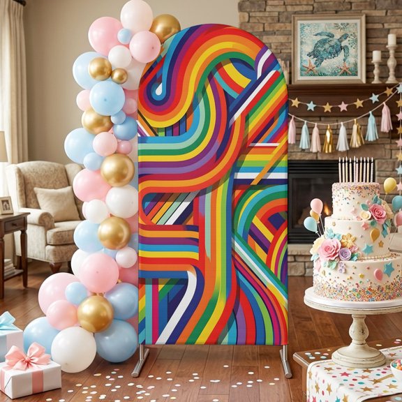 Rainbow Curves Arch Backdrop Covers 5 FT, Abstract Yellow Blue Red Retro Ribbons Stripes Stretchy Fitted Arched Stand Covers Party Arch Stand Cover Photo Booth for Wedding Birthday Decor