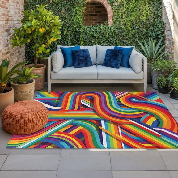 Rainbow Curves Indoor Outdoor Rugs 6x9 Ft, Abstract Yellow Blue Red Retro Ribbons Stripes Outdoor Patio Rugs Mat Washable Outside Area Rugs Carpet for Porch Deck RV Camping Pool Balcony Backyard