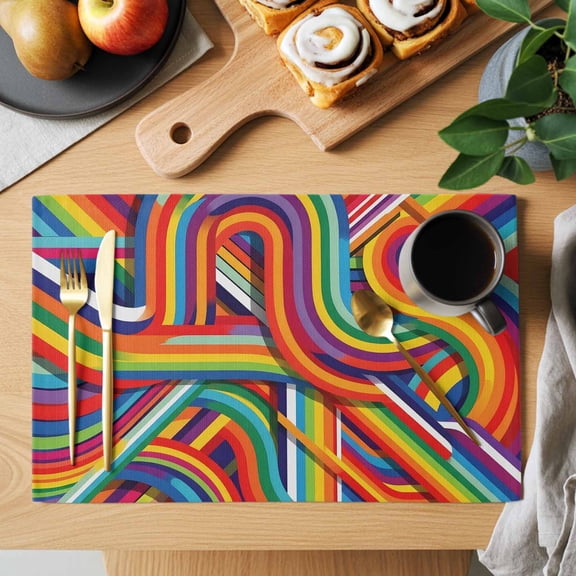 Rainbow Curves Placemats Set of 4, Abstract Yellow Blue Red Retro Ribbons Stripes Non-Slip Place Mats Washable Table Mats for Kitchen Dining Table Decorations Indoor/Outdoor