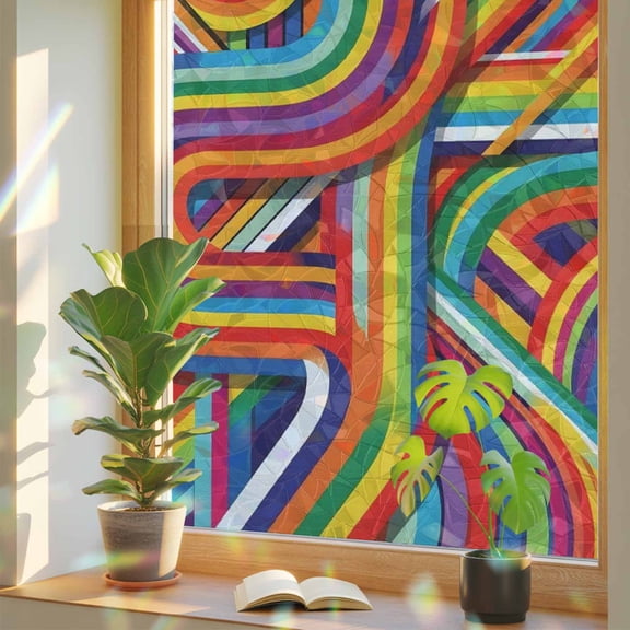 Rainbow Curves Window Privacy Film, Abstract Yellow Blue Red Retro Ribbons Stripes Stained Glass Rainbow Film Decorative Window Clings, Static Cling Sun Blocking Stickers 17.7" x 39.3"
